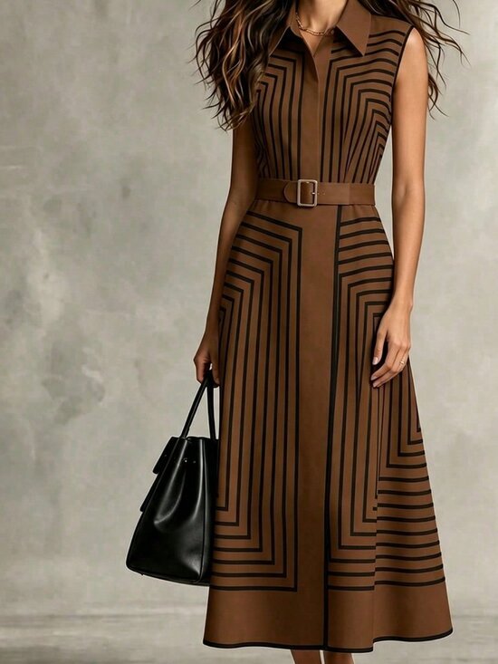 Dresses & Skirts - Brown Casual Women's Geometric Striped Sleeveless Shirt Dress